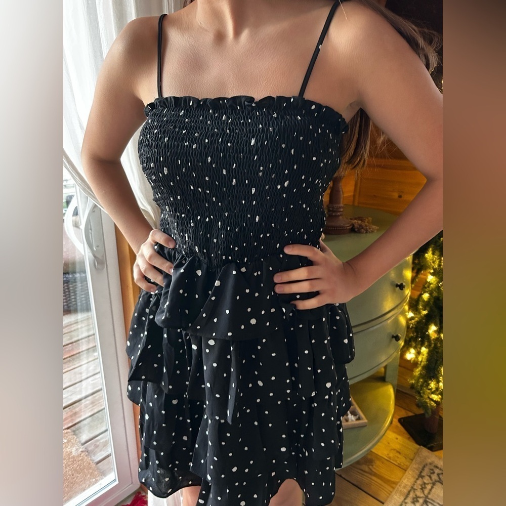 She and Sky black dress adorned with delicate white polka dots, size M - Picture 3 of 11
